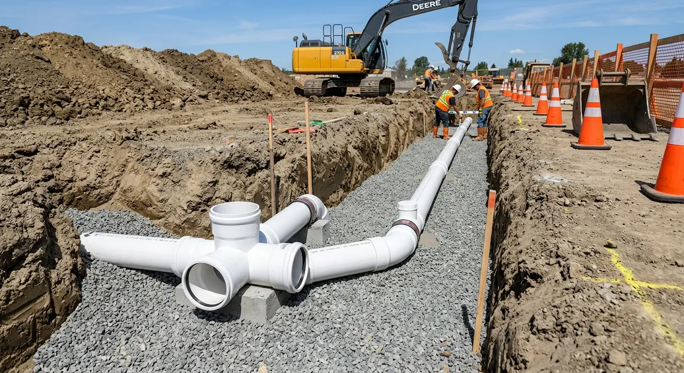 New PVC sewer pipe installation in open trench for Commercial Drain Cleaning in Stafford