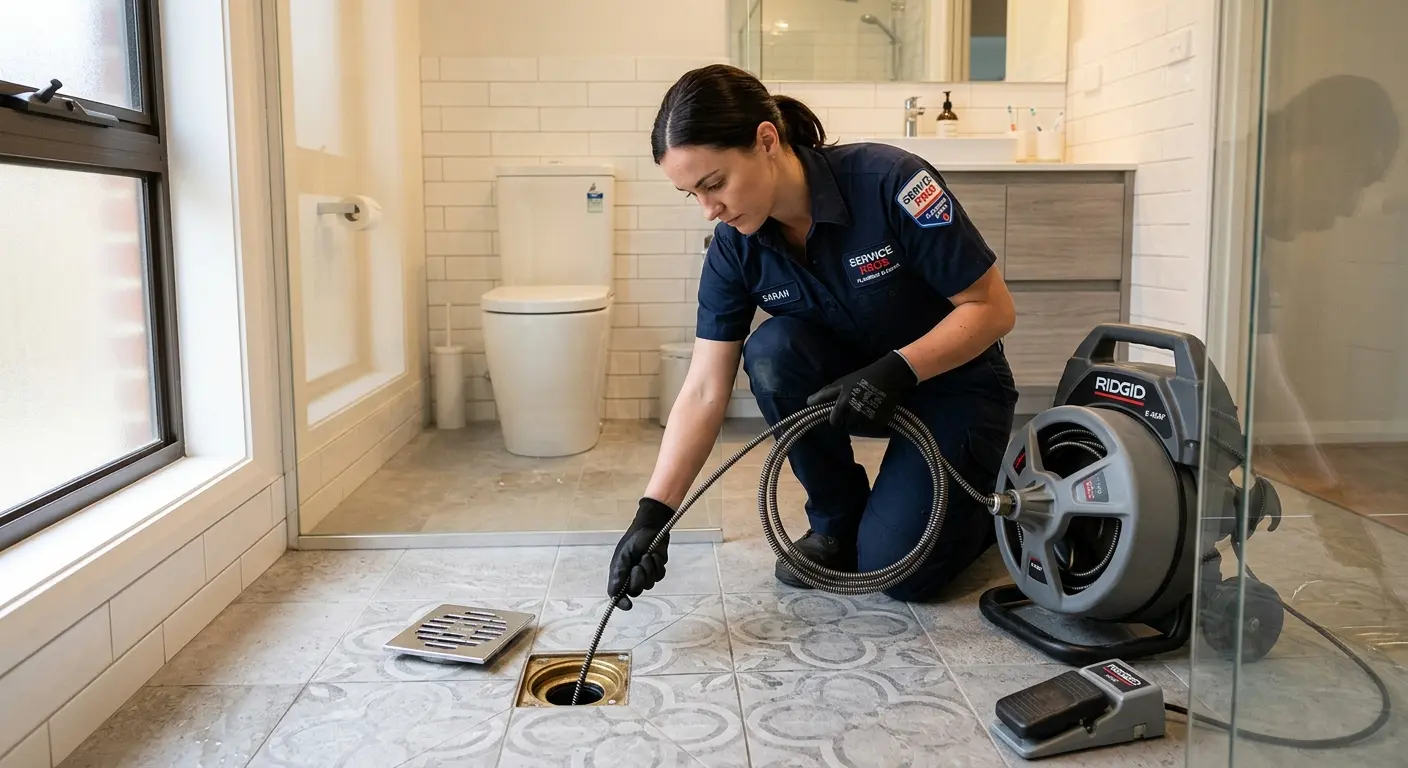 Technician clearing a bathroom floor drain for Clogged Drain Repair in Stafford
